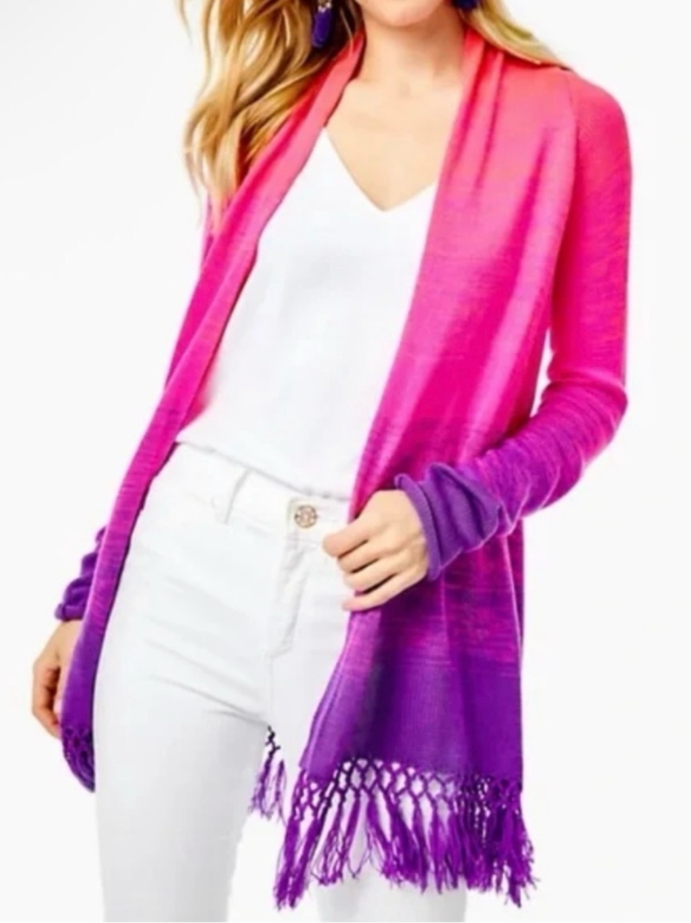 Lilly Pulitzer Tatum Marled Ombre Fringe Cardigan Orchid Oasis Resort/Spring - S